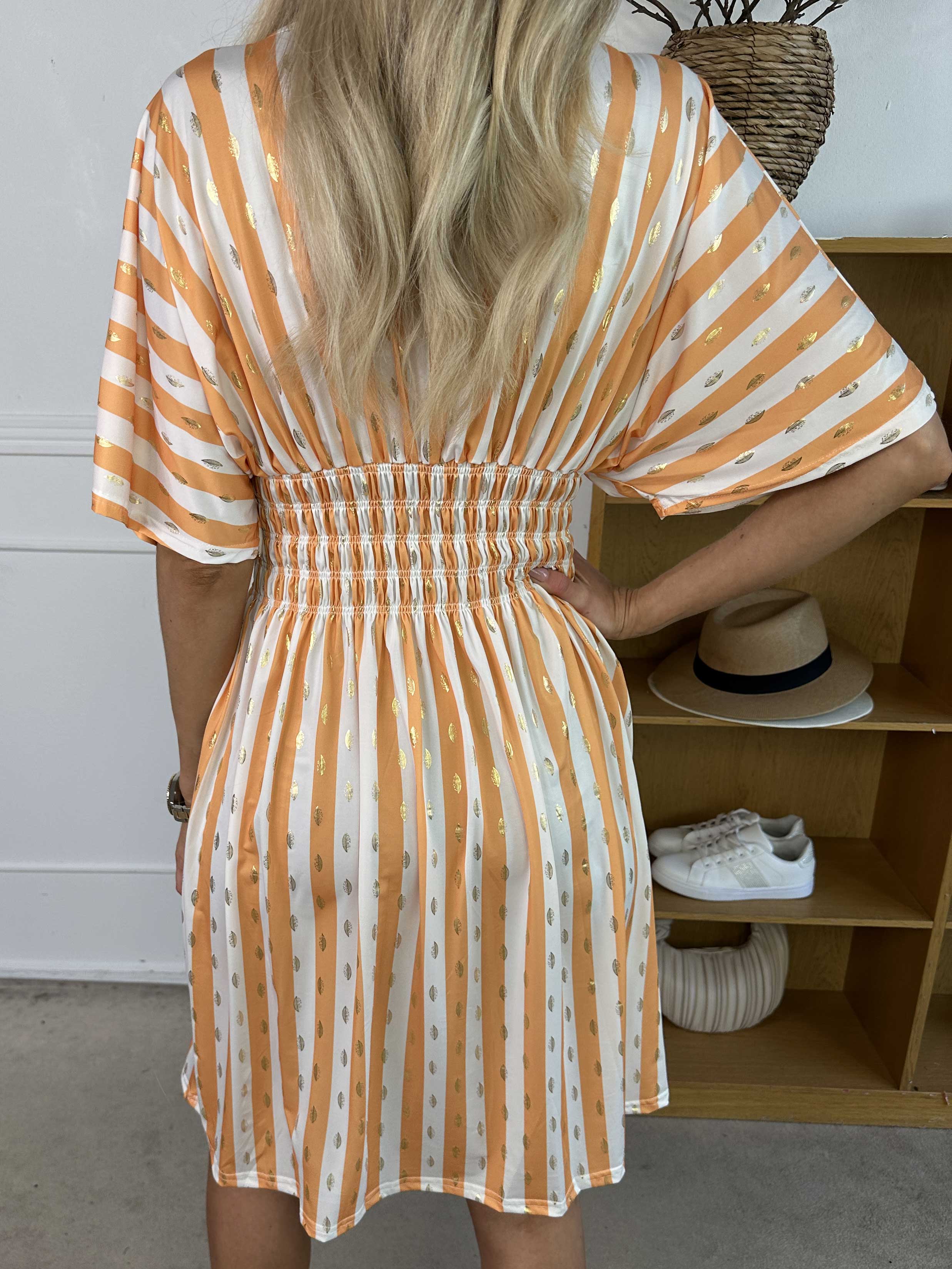 Pams Stripe Short - Stribet elastisk kjole med guld detaljer